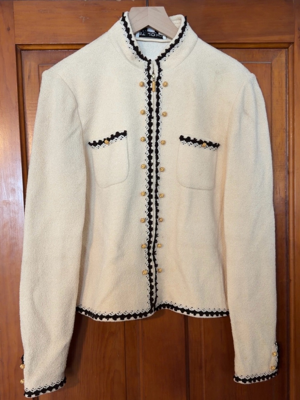 St John Cream Bouclé Jacket with Black Trim
